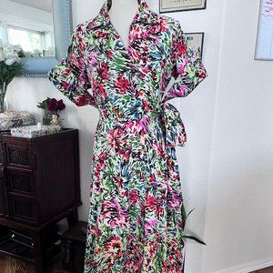 JG HOOK Gorgeous Vintage Abstract Floral Print Linen Summer Midi Dress Size 8